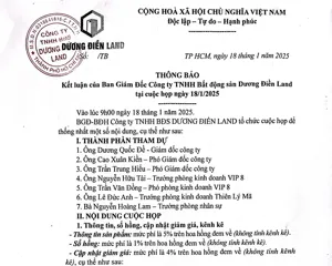 Kết Luận Của Ban Giám Đốc Công Ty TNHH Bất Động Sản Dương Điền Land - Cuộc Họp Ngày 18/1/2025 Tin Tức Hoạt Động Kết Luận Của Ban Giám Đốc Công Ty TNHH Bất Động Sản Dương Điền Land - Cuộc Họp Ngày 18/1/2025